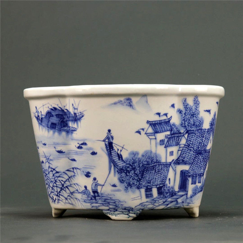 Jingdezhen Blue And White Porcelain Jiangnan Water Town Design Flowerpot