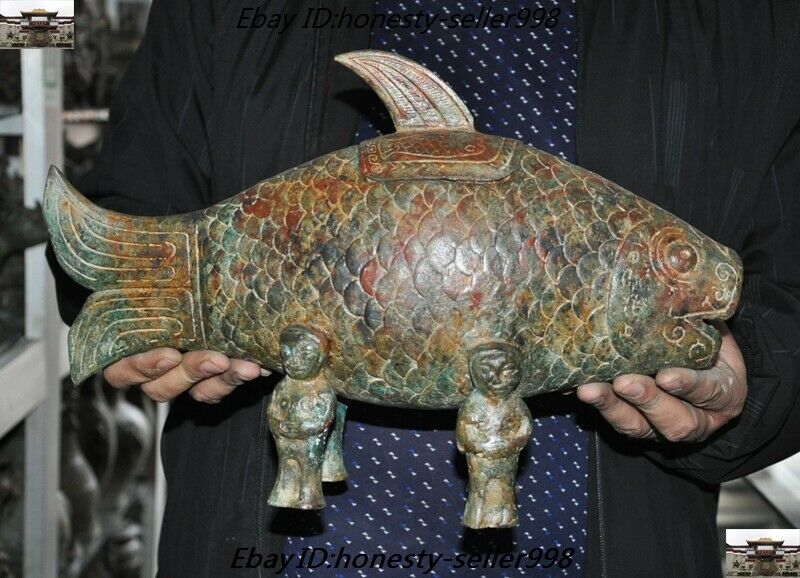 Rare Old China Dynasty Bronze Ware Servant Animal Fish Statue Crock Tank Pot Jar